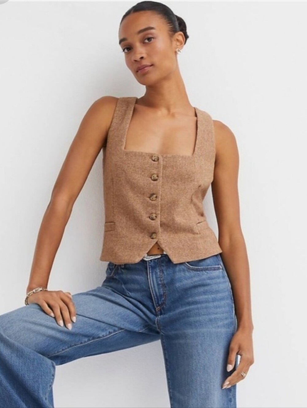 NWT Loft Wool Square Neck Vest Women's Large Camel Tan Brown Buttons